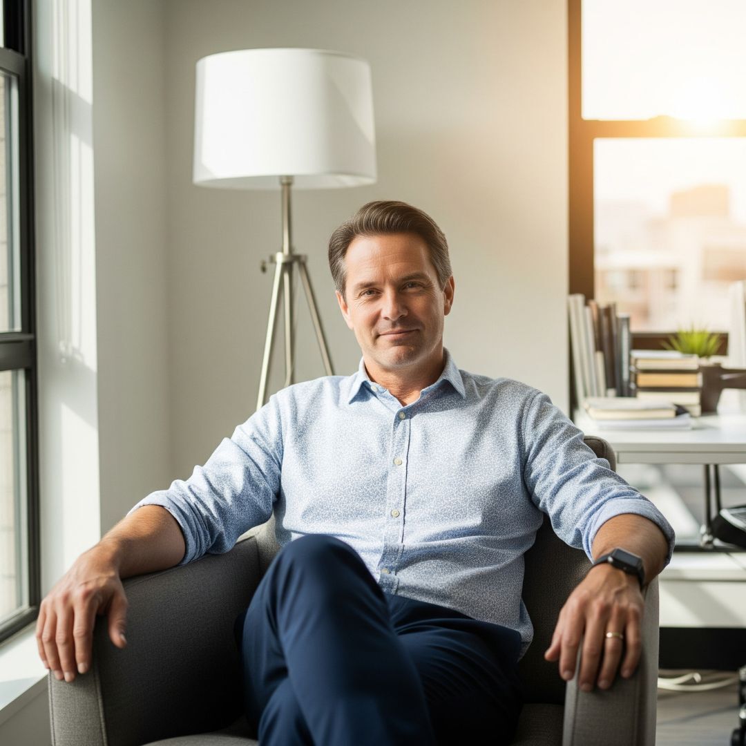 a person feeling calm and relaxed, sitting in an armchair