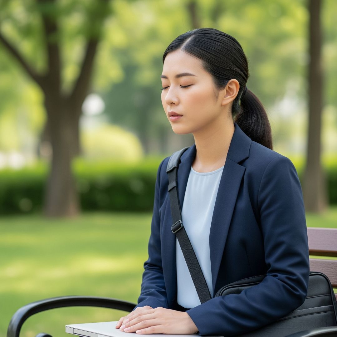 a person managing daily stress by taking deep breaths in a park.
